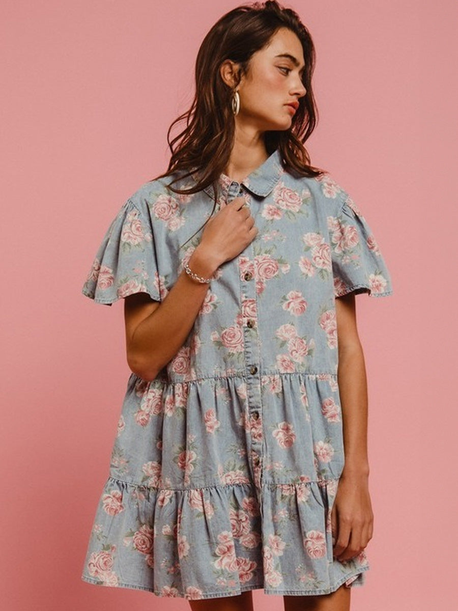 FLORAL PRINT LIGHTWEIGHT WASHED DENIM DRESS DRESS -