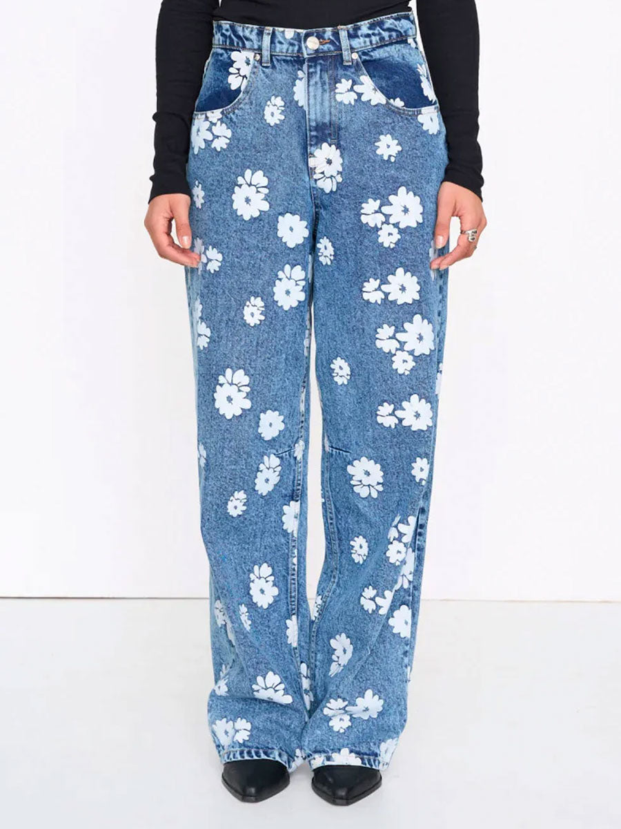 DENIM PANTS FLORAL DETAIL - BLUE PANTS 24 COLOURS