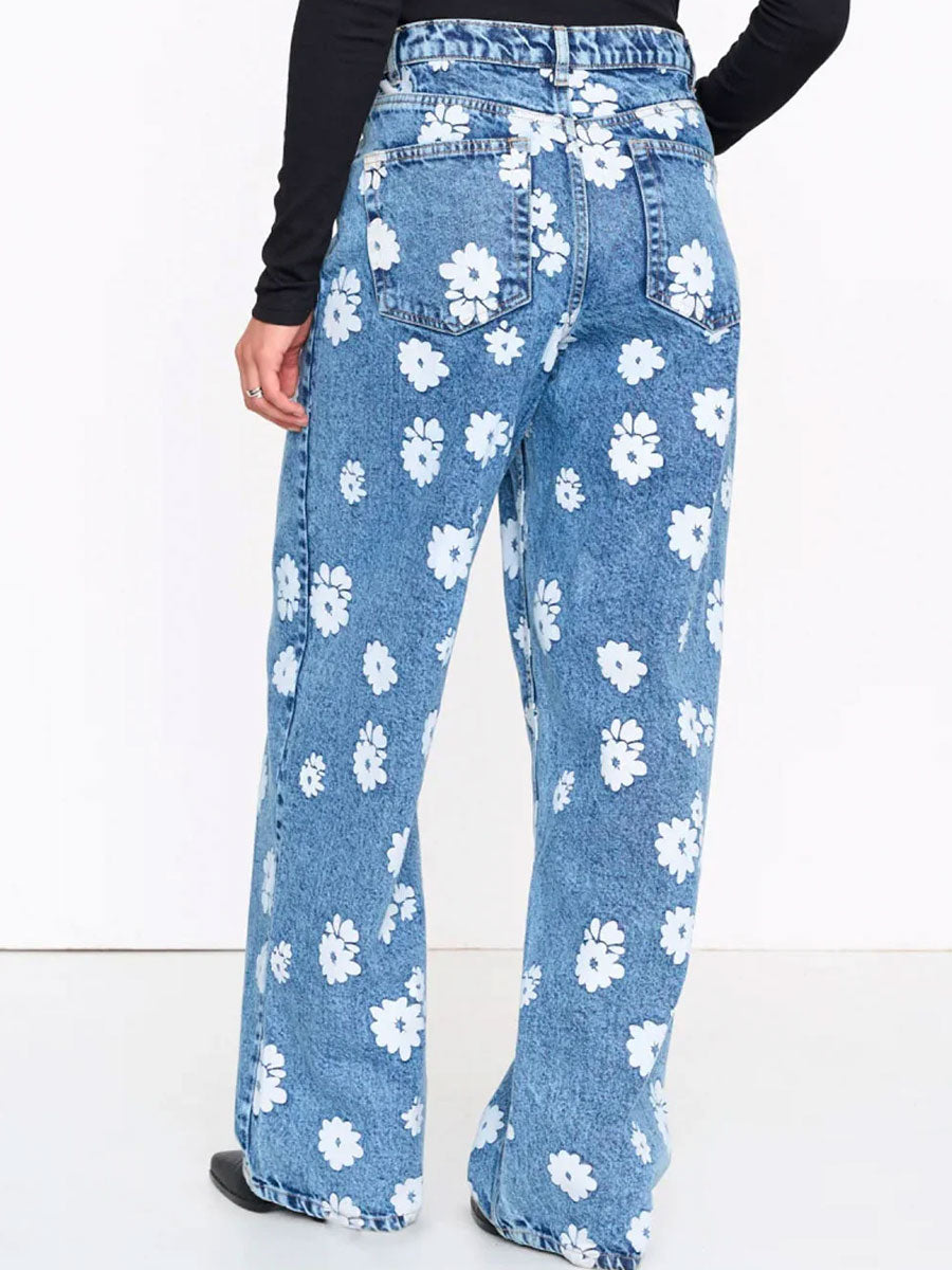 DENIM PANTS FLORAL DETAIL - BLUE PANTS 24 COLOURS