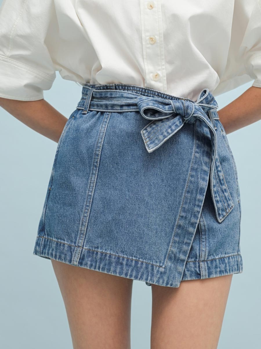 BELTED DENIM WRAP SKORT SKORT -