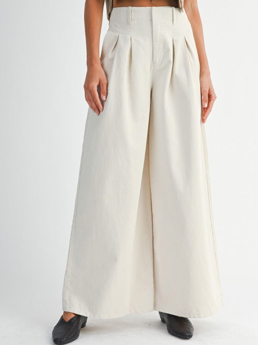 PLEATED WASHED TWILL WIDE LEG PANTS - ECRU PANTS OAK CLOTHING CO.