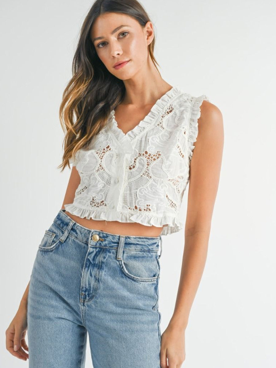 EMBROIDERED SLEEVELESS CROP TOP - WHITE