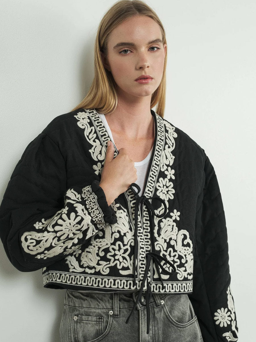 EMBROIDERED PUFF SLEEVE JACKET WITH TIE - BLACK JACKET -   