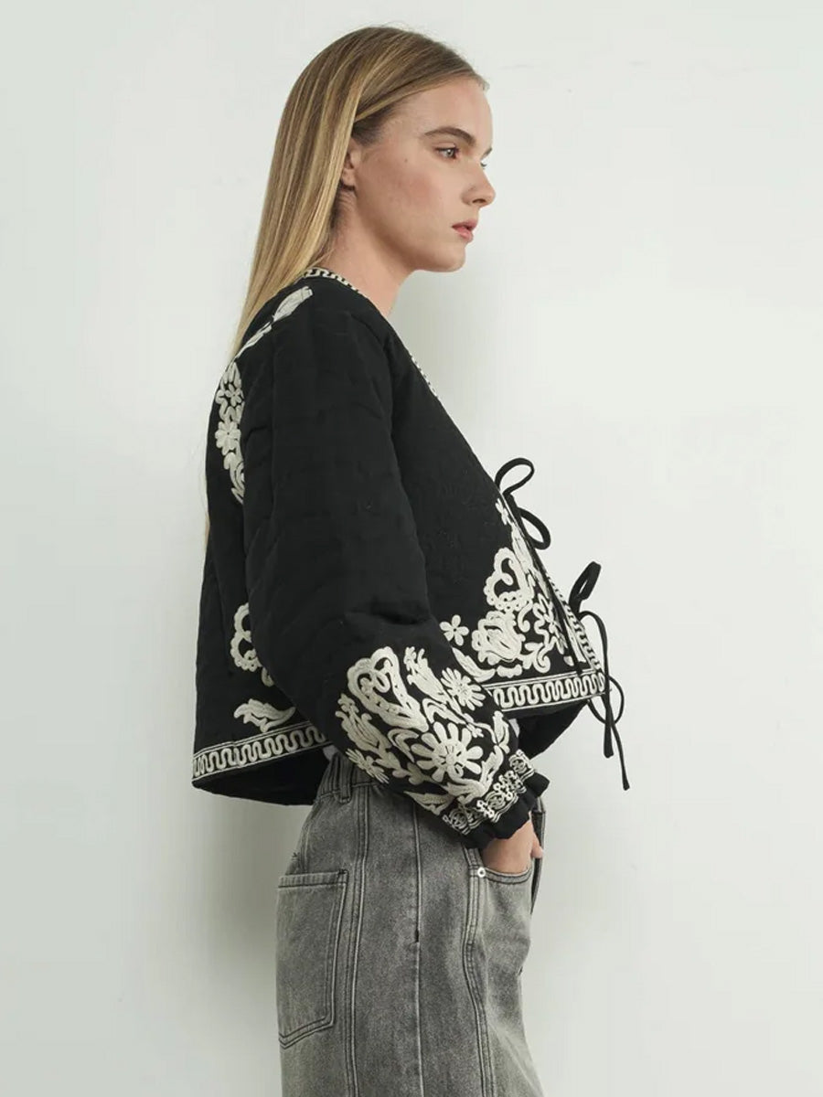 EMBROIDERED PUFF SLEEVE JACKET WITH TIE - BLACK JACKET -   