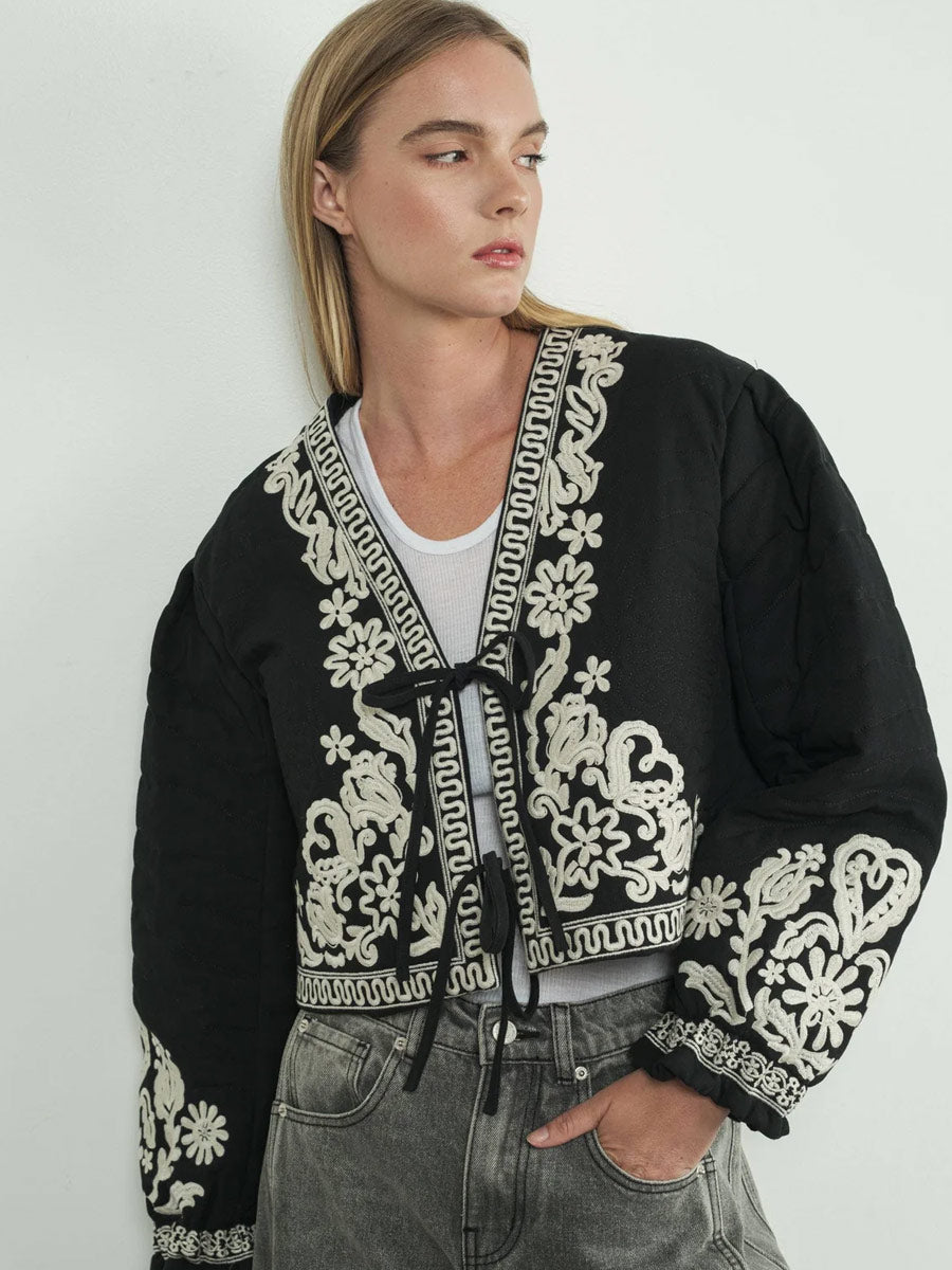 EMBROIDERED PUFF SLEEVE JACKET WITH TIE - BLACK JACKET -   