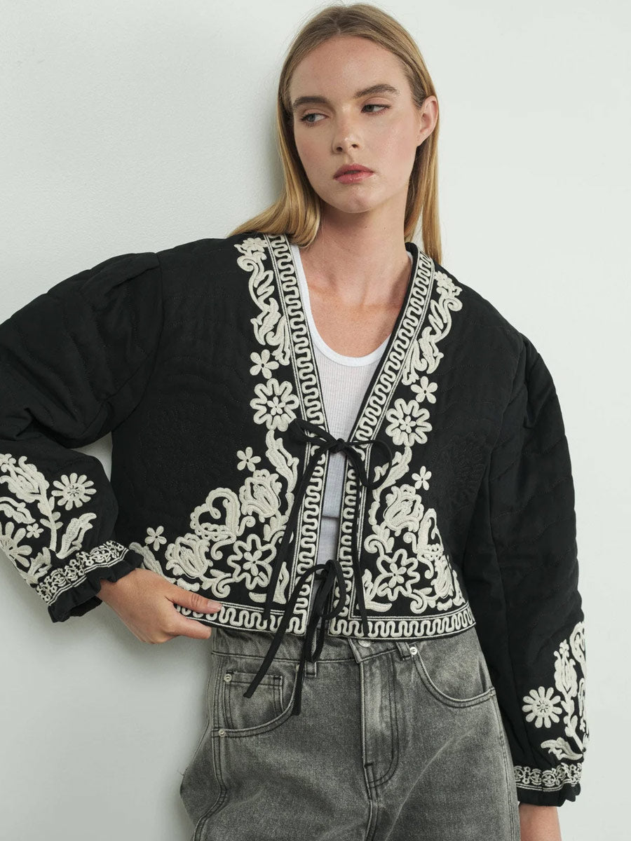 EMBROIDERED PUFF SLEEVE JACKET WITH TIE - BLACK JACKET -   