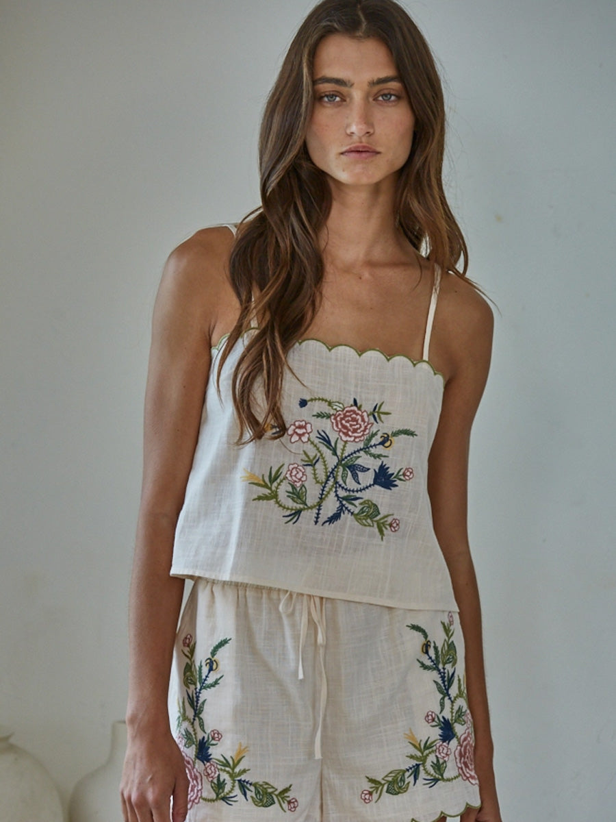 WOVEN EMBROIDERED SLEEVELESS TOP - NATURAL TANK TOPS BY TOGETHER