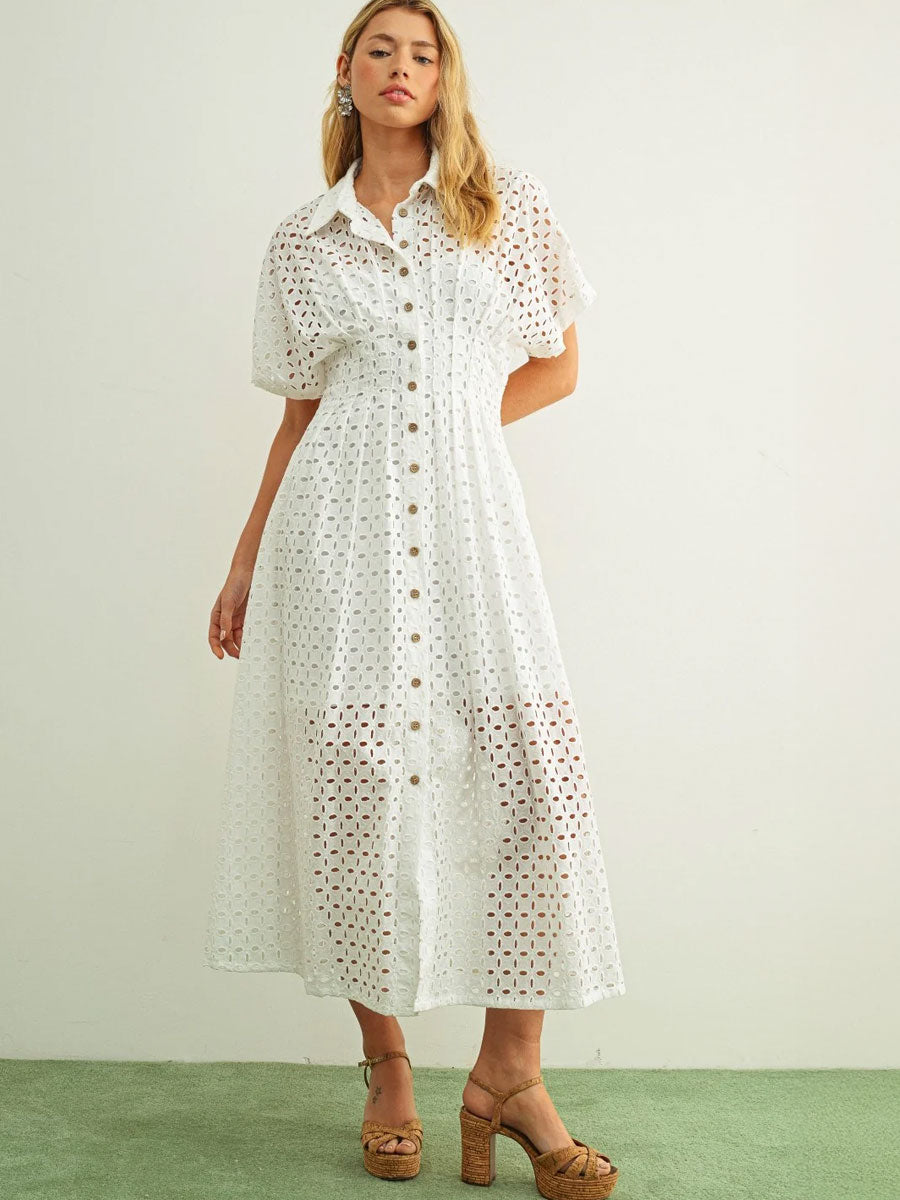 EYELET FABRIC BUTTON FRONT SHIRT DRESS - WHITE DRESSES OAK CLOTHING CO.