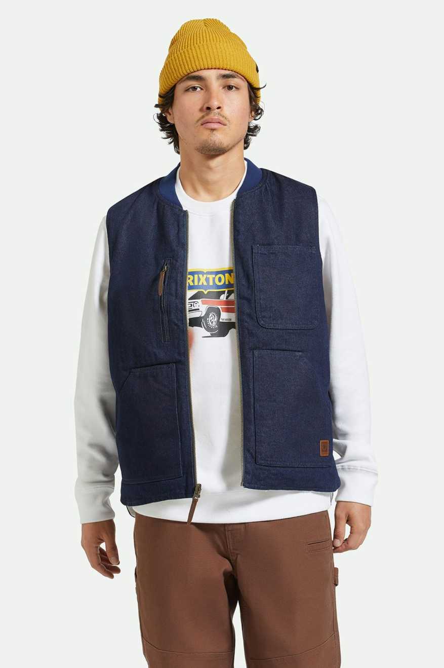 BRIXTON BUILDERS ABRAHAM REV VEST - RINSE DENIM/SHERPA VEST BRIXTON   