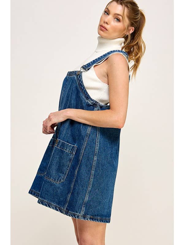 DENIM OVERALL SMOCK MINI DRESS DRESS -   