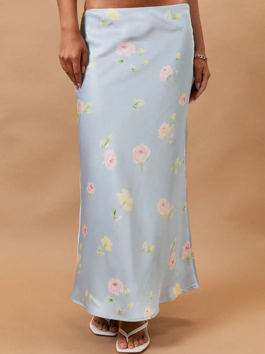 MID WAISTED BIAS MIDI SKIRT - BLUE FLORAL SKIRTS LE LIS