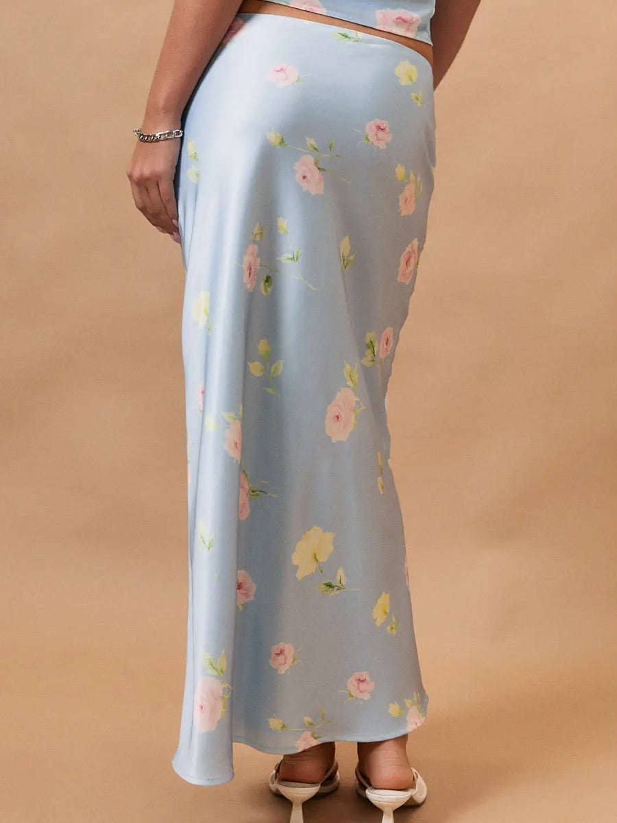 MID WAISTED BIAS MIDI SKIRT - BLUE FLORAL SKIRTS LE LIS