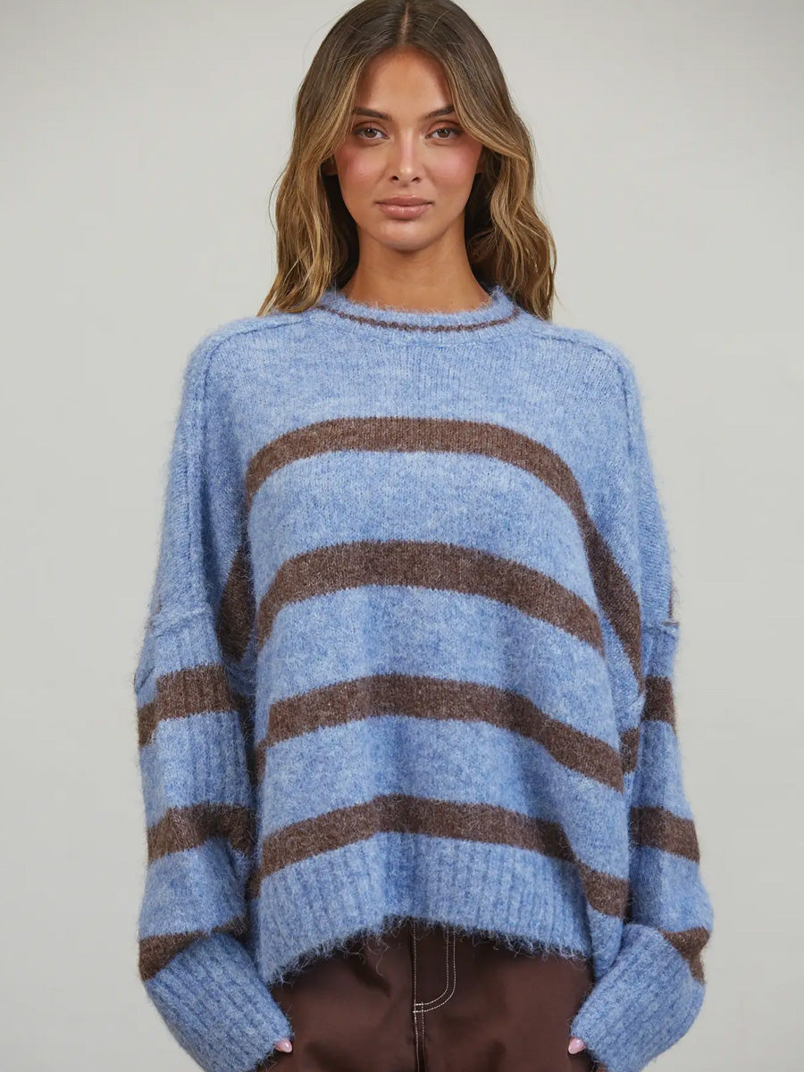 FUZZY BOYFRIEND FIT STRIPE SWEATER - BLUE