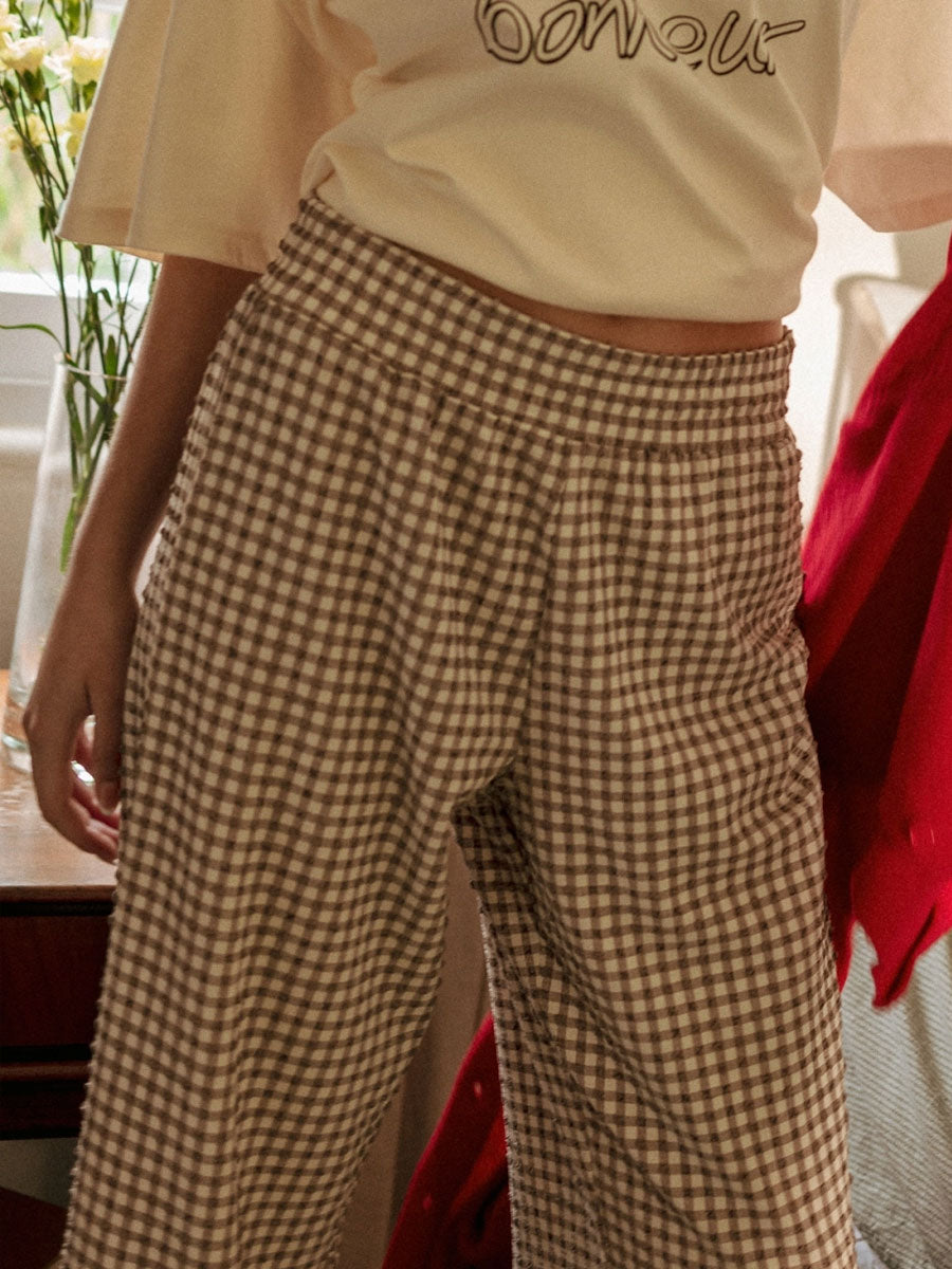 CRINKLED GINGHAM PRINTED PANTS WITH RUFFLE HEM - BROWN PANTS OAK CLOTHING CO.