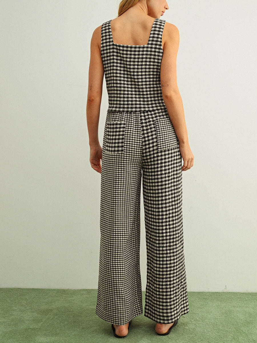 MIXED GINGHAM STRAIGHT PANTS - BLACK/CREAM PANTS OAK CLOTHING CO.