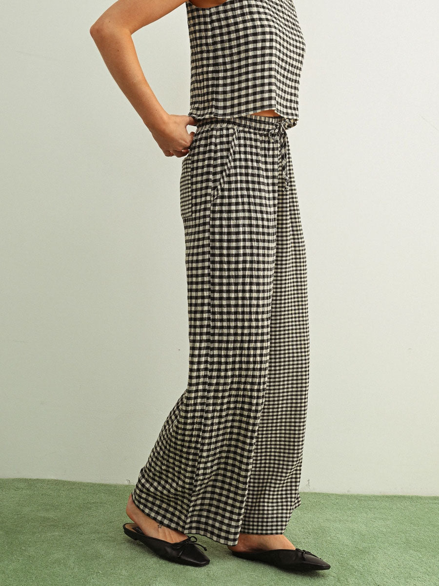 MIXED GINGHAM STRAIGHT PANTS - BLACK/CREAM PANTS OAK CLOTHING CO.