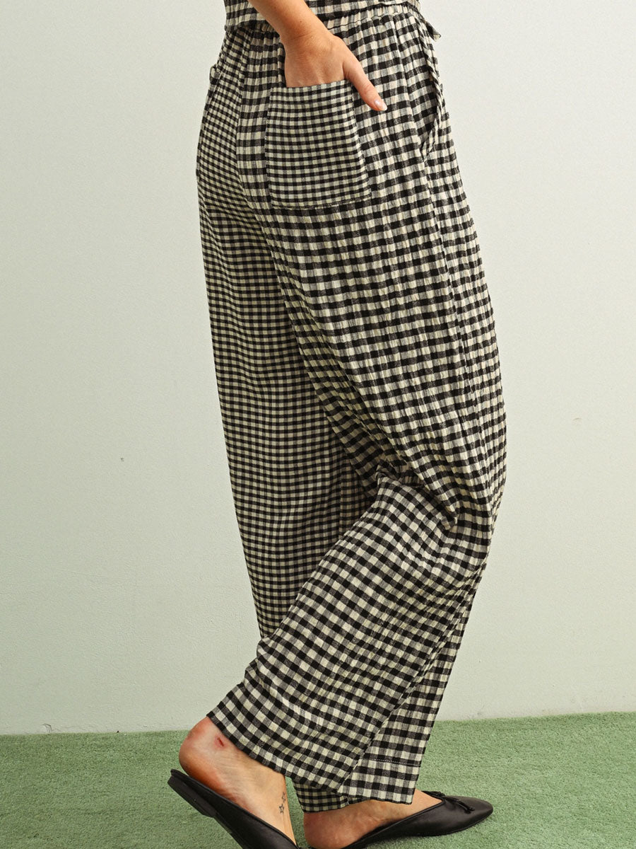 MIXED GINGHAM STRAIGHT PANTS - BLACK/CREAM PANTS OAK CLOTHING CO.