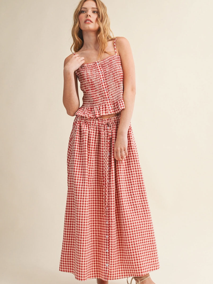 GINGHAM PATTERN BUTTON FRONT SMOCKING TOP - RED TANKS OAK CLOTHING CO.