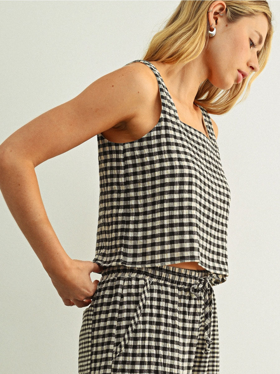 MIXED GINGHAM SQUARE SLEEVELESS TOP - BLACK/CREAM SHIRTS OAK CLOTHING CO.