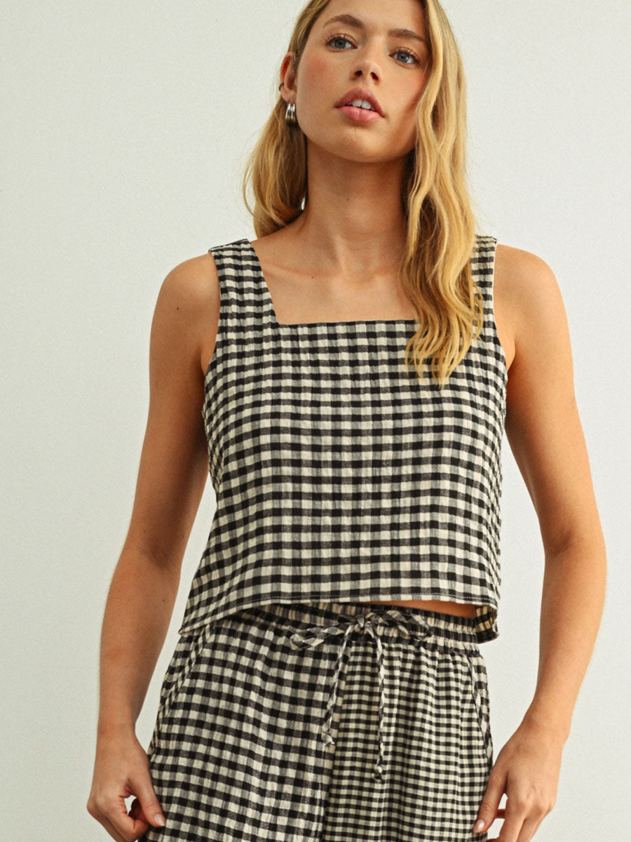 MIXED GINGHAM SQUARE SLEEVELESS TOP - BLACK/CREAM SHIRTS OAK CLOTHING CO.