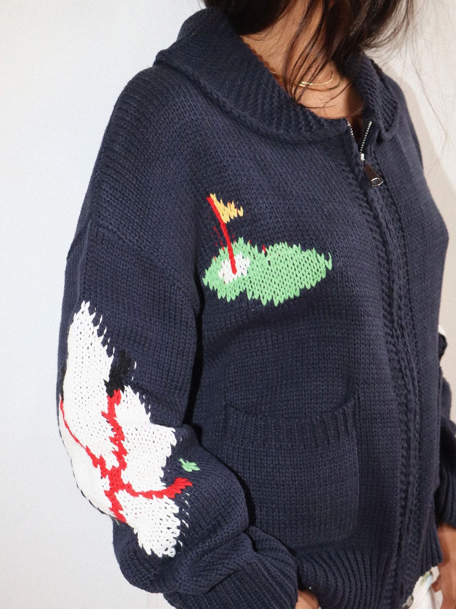 GOLF INTARSIA ZIP SWEATER - NAVY