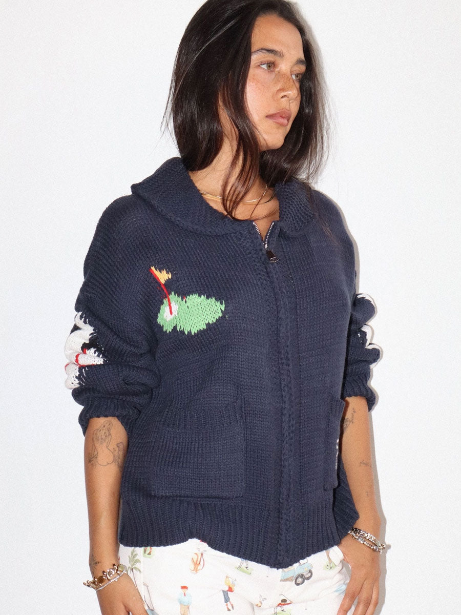 GOLF INTARSIA ZIP SWEATER - NAVY