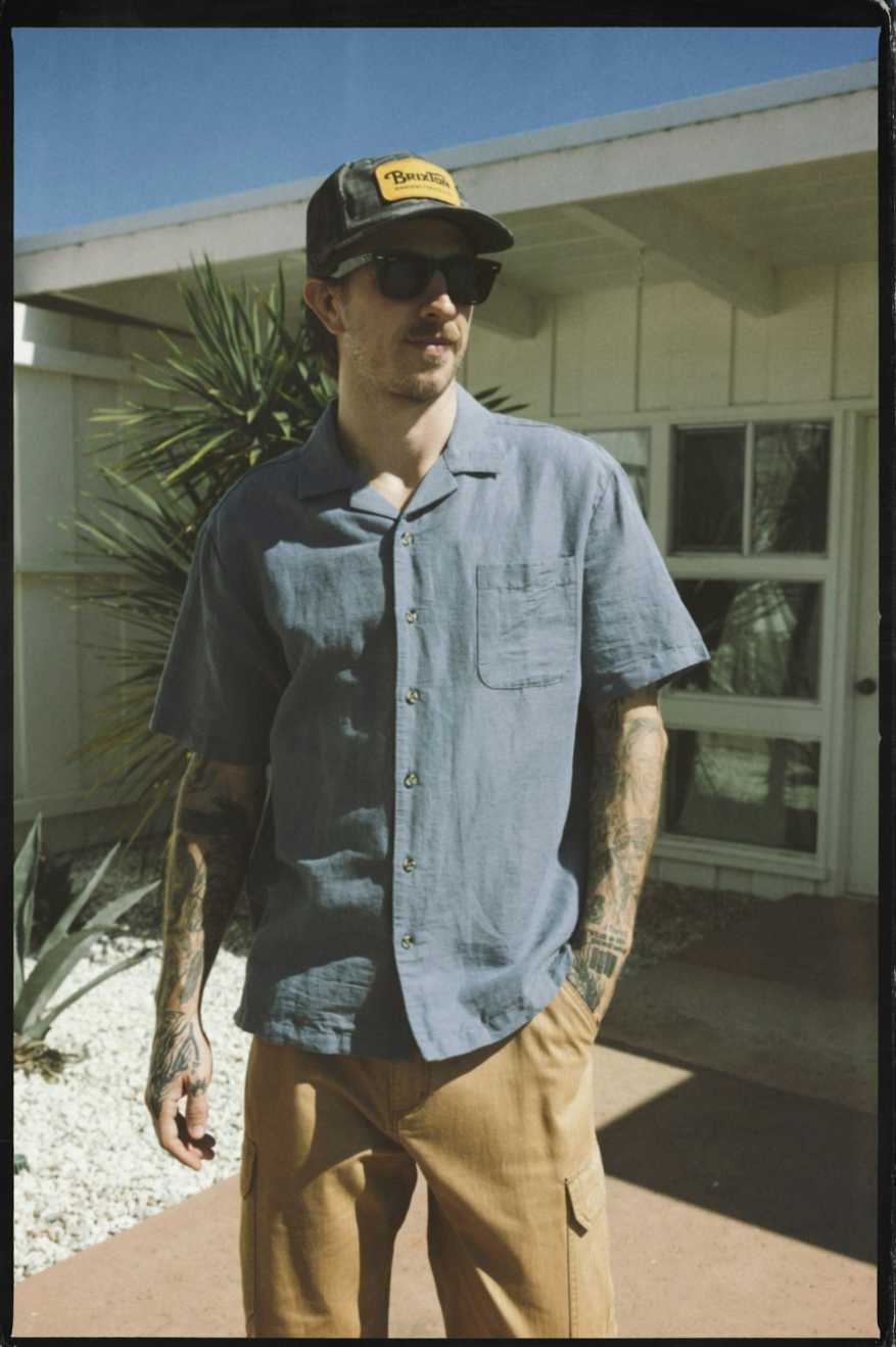 BRIXTON BUNKER LINEN BLEND S/S - FLINT STONE BLUE SHIRT BRIXTON   