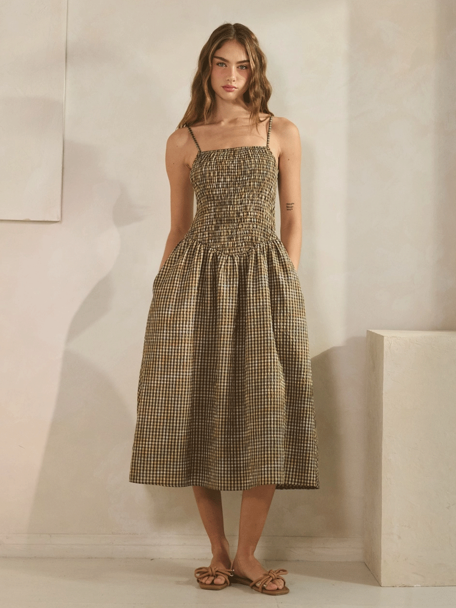GINGHAM SMOCKED MIDI DRESS - GREEN MULTI DRESSES OAK CLOTHING CO.