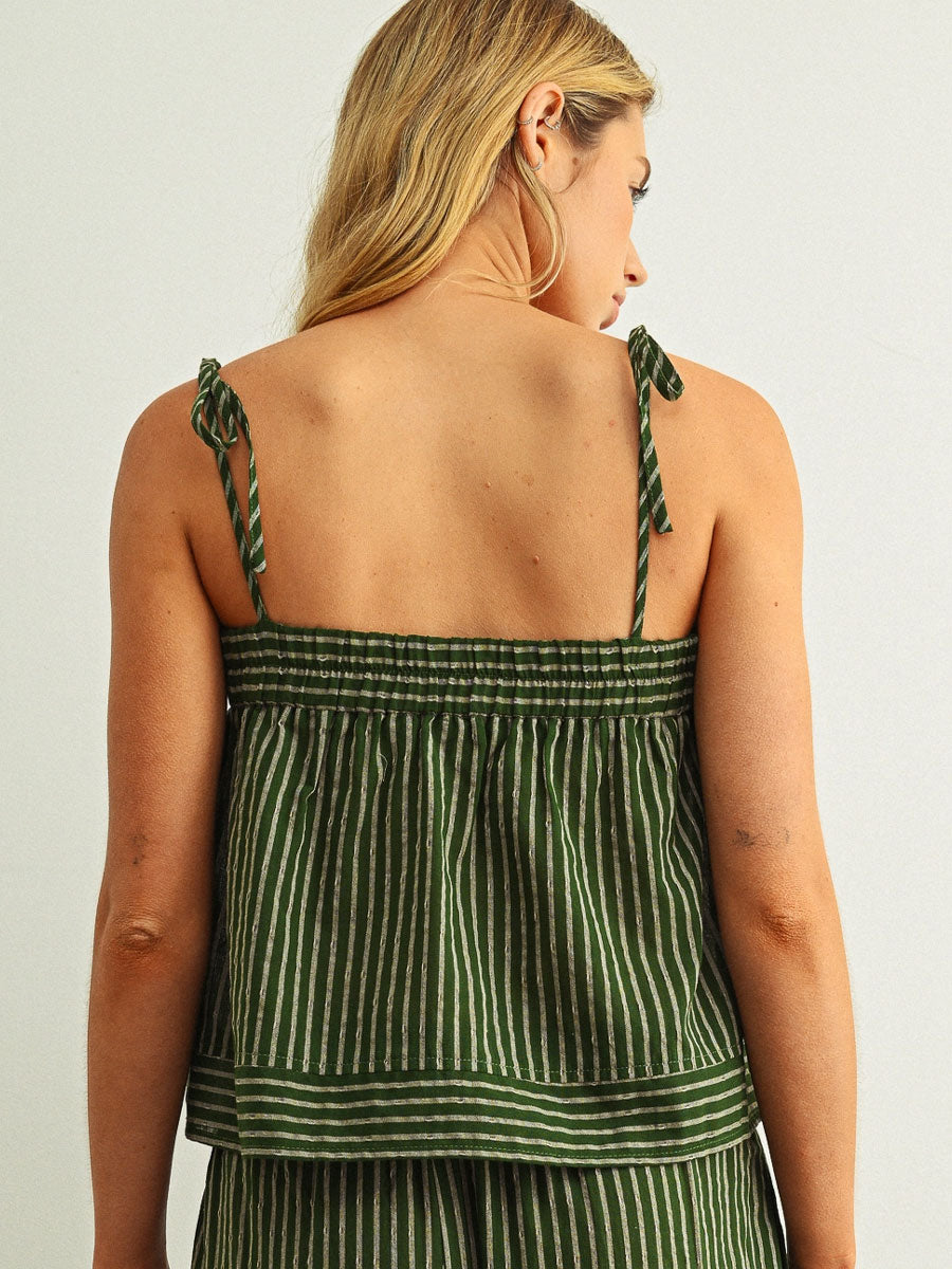 STRIPED PRINT SPAGHETTI STRAP TOP - GREEN TANK TOPS OAK CLOTHING CO.