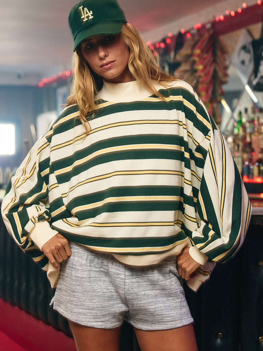 STRIPED OVERSIZED CREWNECK TOP - GREEN SWEATERS OAK CLOTHING CO.