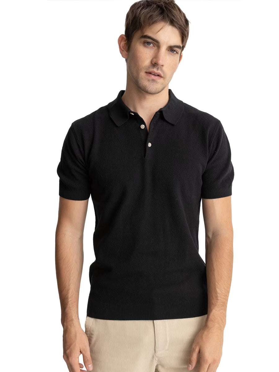 RHYTHM TEXTURED KNIT POLO - BLACK T-SHIRTS RHYTHM