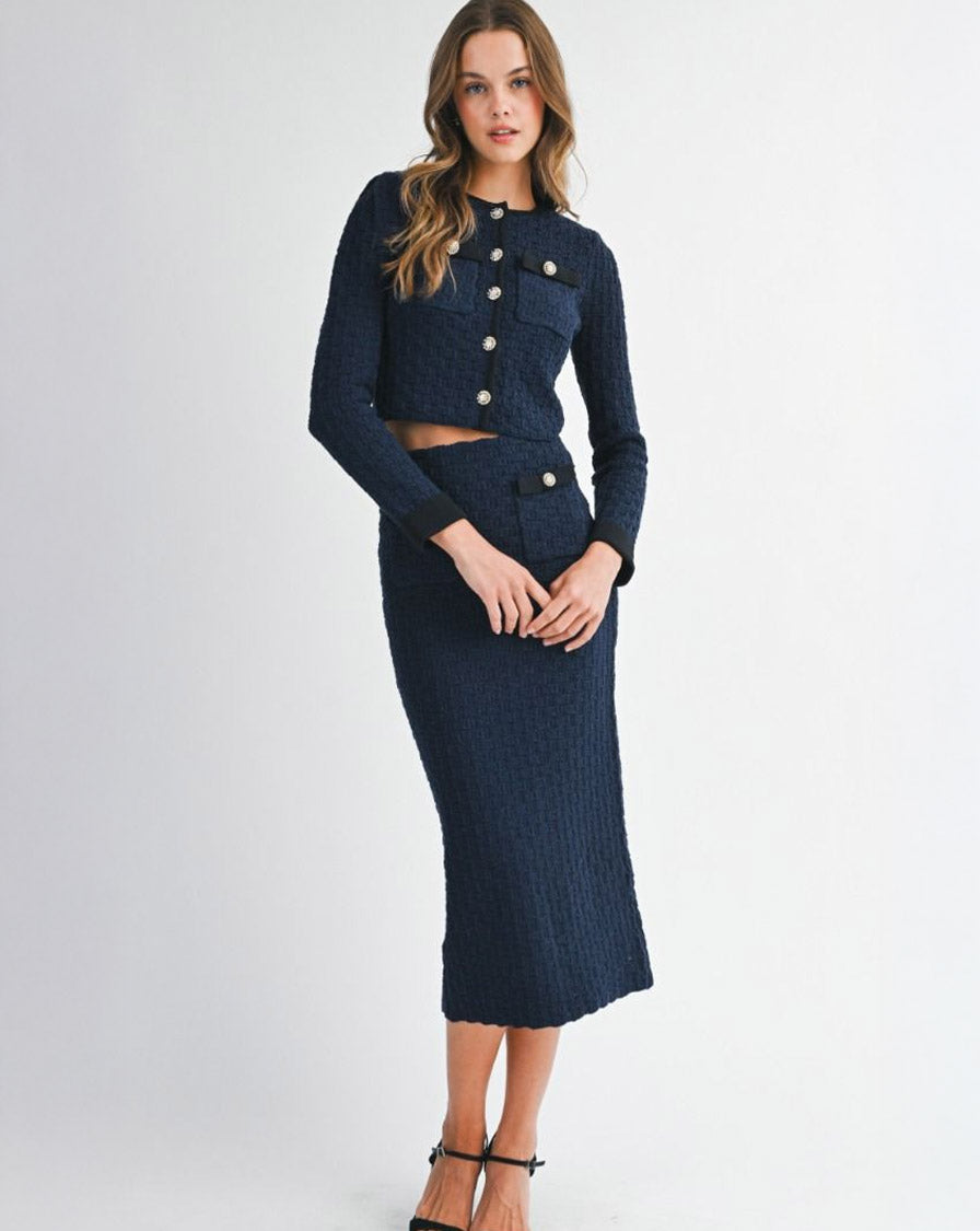 KNITTED MIDI SKIRT - NAVY SKIRTS OAK CLOTHING CO.