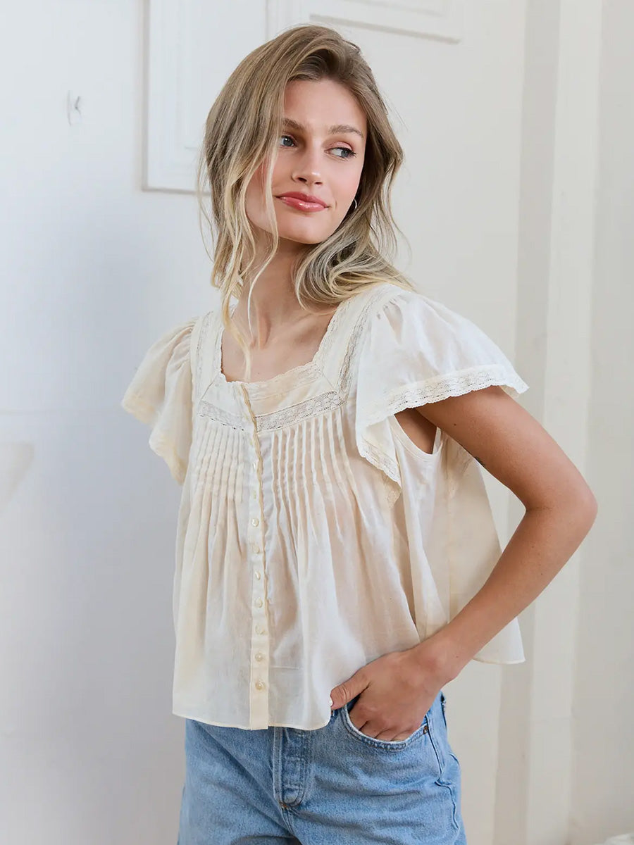 LACE TRIM PINTUCK BLOUSE - IVORY BLOUSES OAK CLOTHING CO.