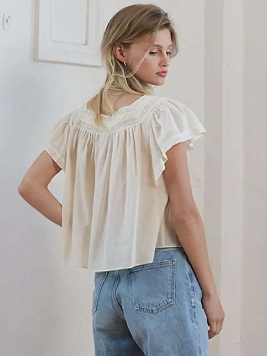 LACE TRIM PINTUCK BLOUSE - IVORY BLOUSES OAK CLOTHING CO.