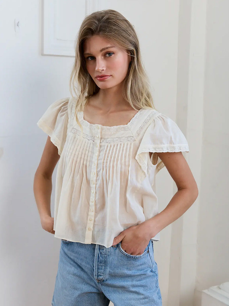 LACE TRIM PINTUCK BLOUSE - IVORY BLOUSES OAK CLOTHING CO.