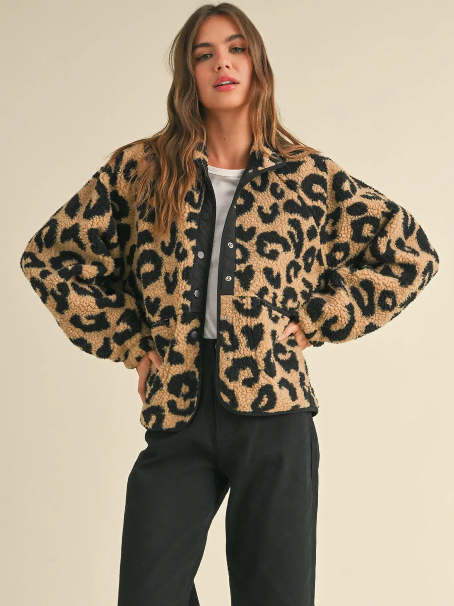 LEOPARD SHERPA PATTERN JACKET JACKET -   