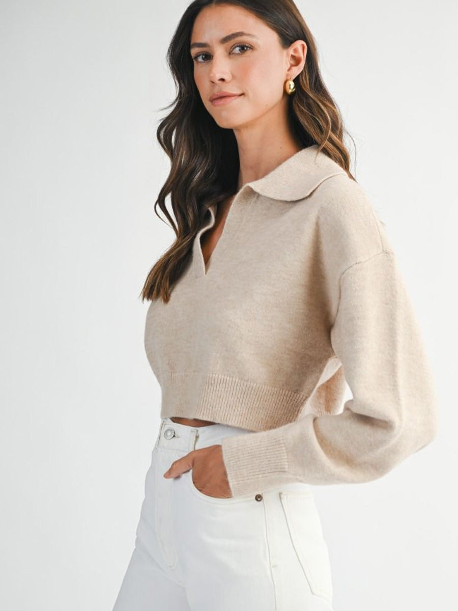 CROPPED COLLARED KNIT SWEATER - LIGHT TAUPE SWEATERS OAK CLOTHING CO.