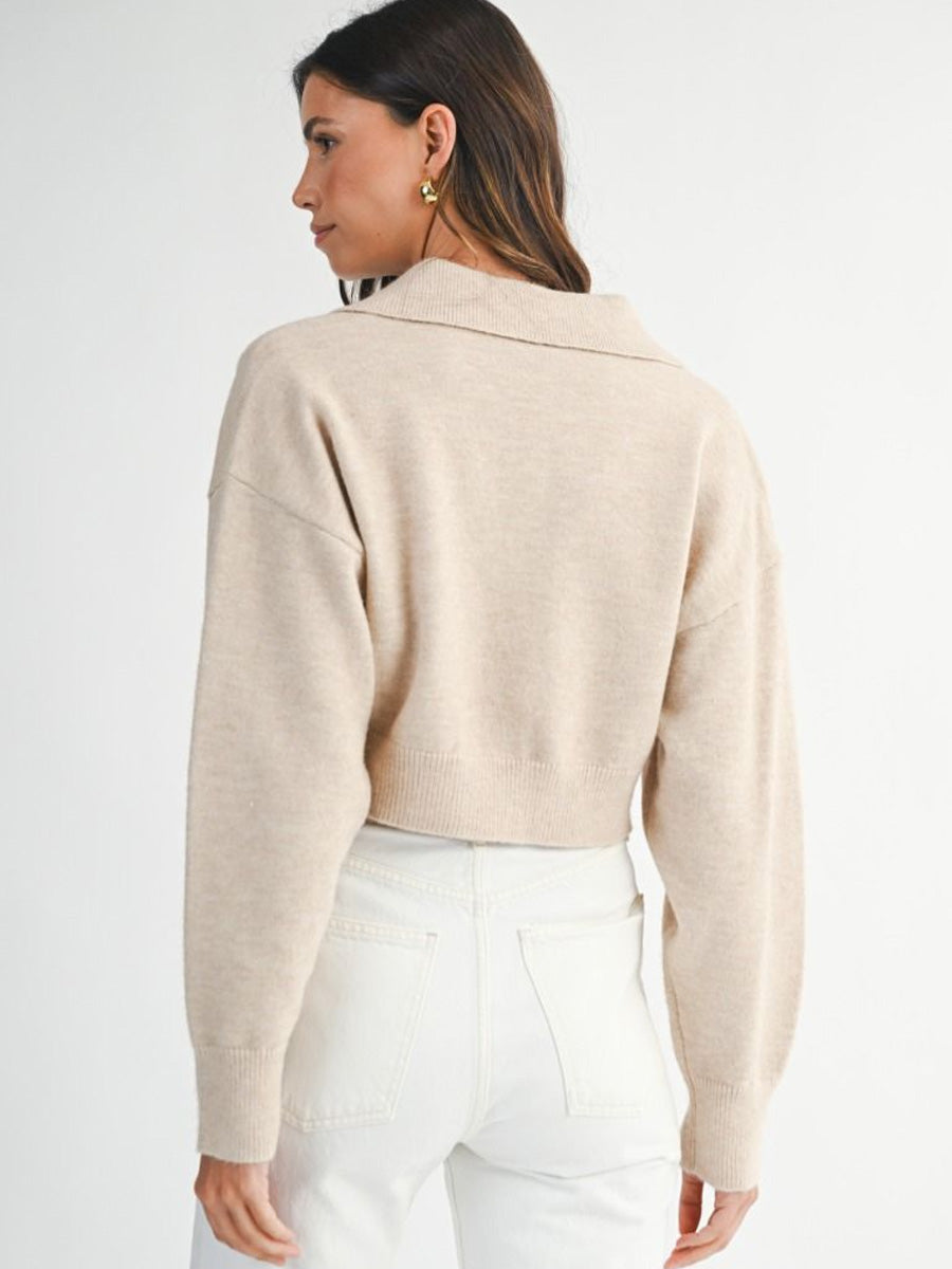 CROPPED COLLARED KNIT SWEATER - LIGHT TAUPE SWEATERS OAK CLOTHING CO.