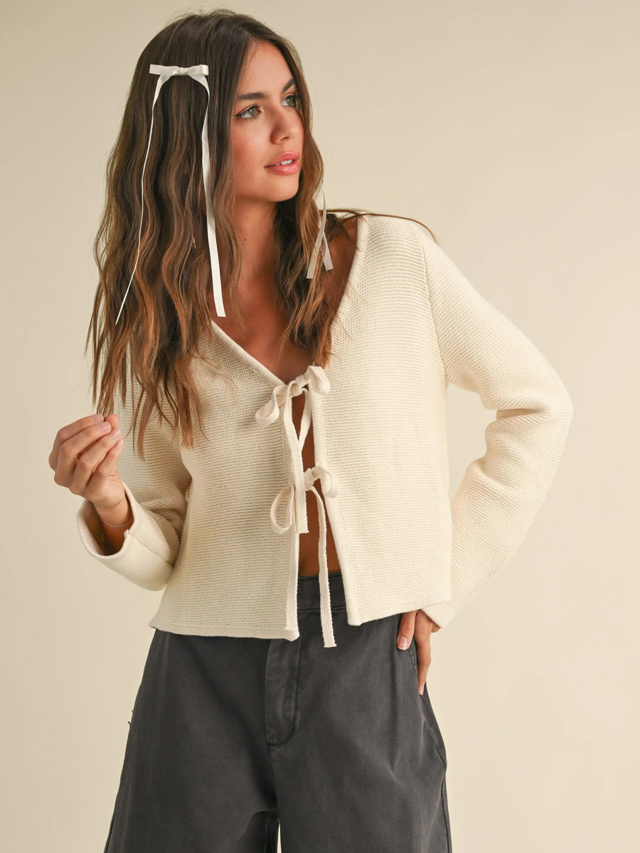 LONG SLEEVE KNITTED TIE CARDIGAN - CREAM Shirts & Tops -   