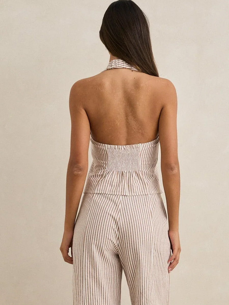 RHYTHM LOUISE TIE FRONT HALTER TOP - TAN