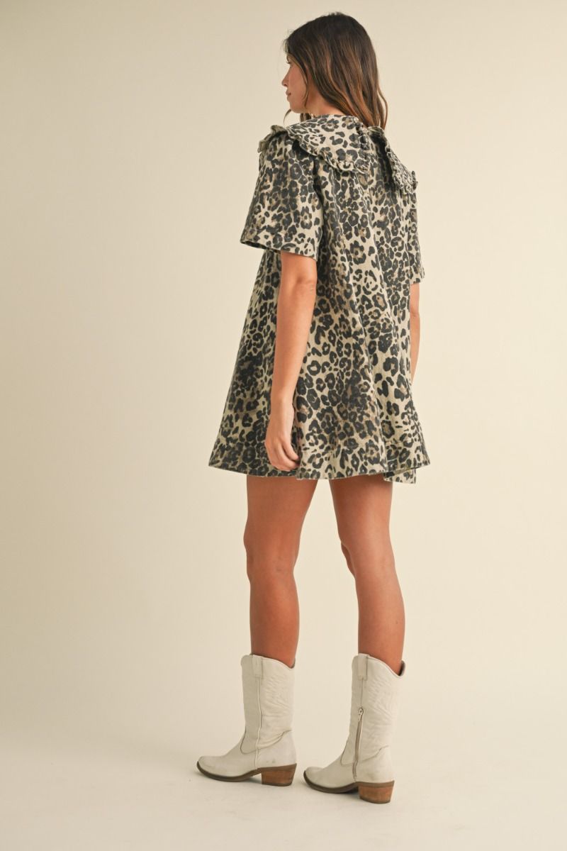 LEOPARD PRINTED COLLARED MINI DRESS DRESS -   