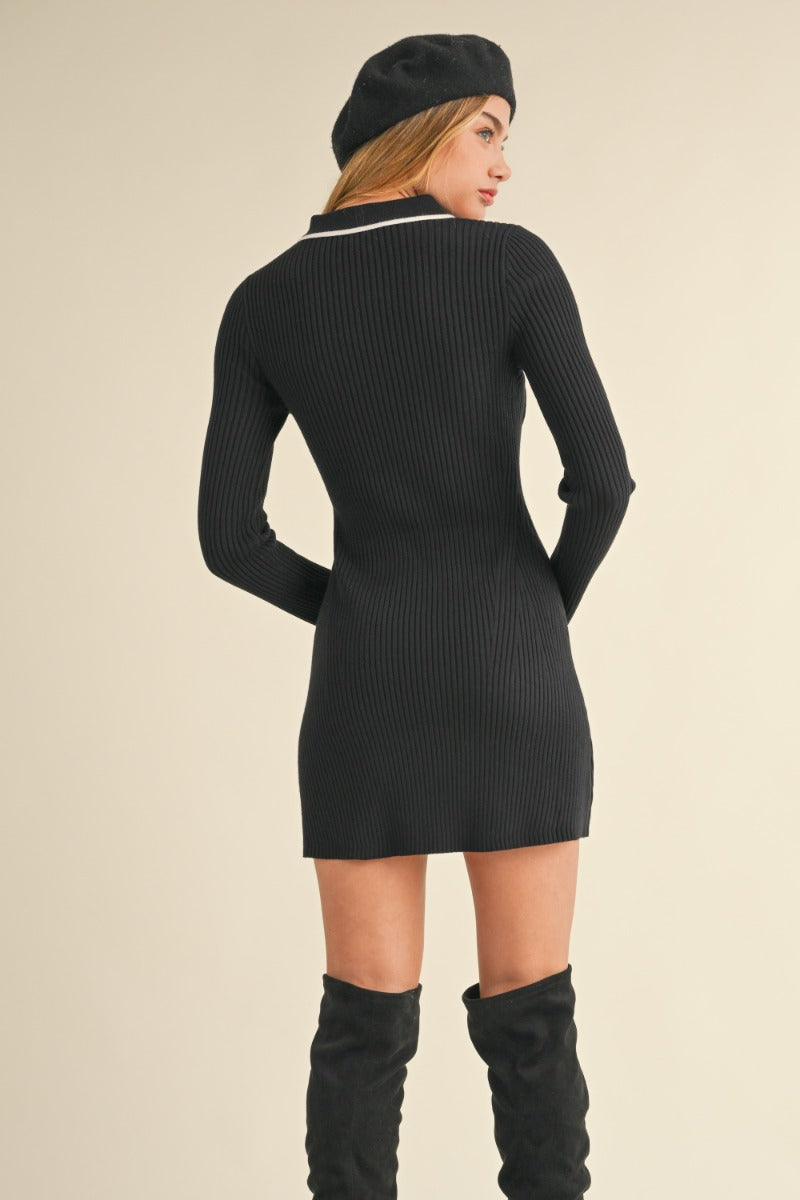 BUTTON FRONT RIBBED KNIT DRESS - BLACK DRESS OAK CLOTHING CO. INC.   