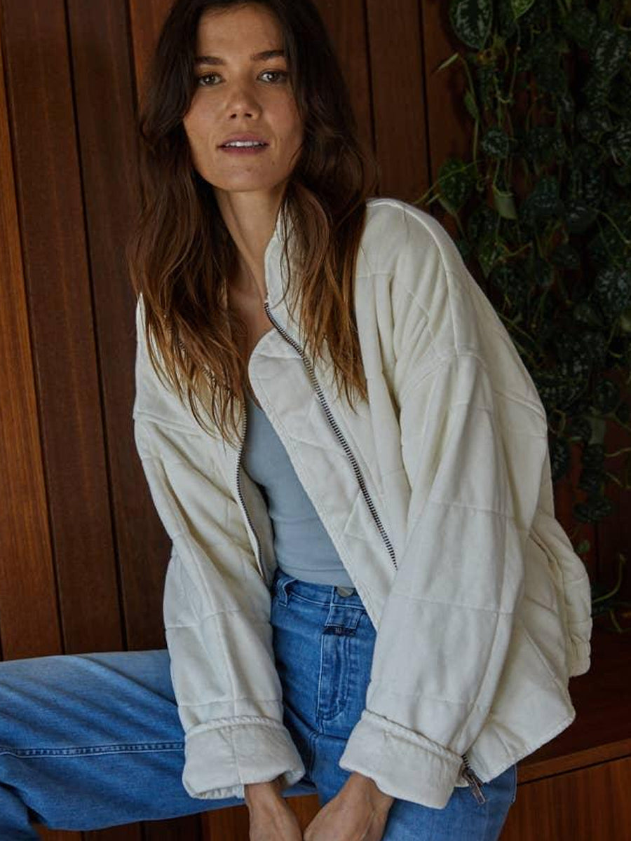 LONG SLEEVE QUILTED KNIT MINERAL WASHED JACKET - CREAM JACKETS OAK CLOTHING CO.