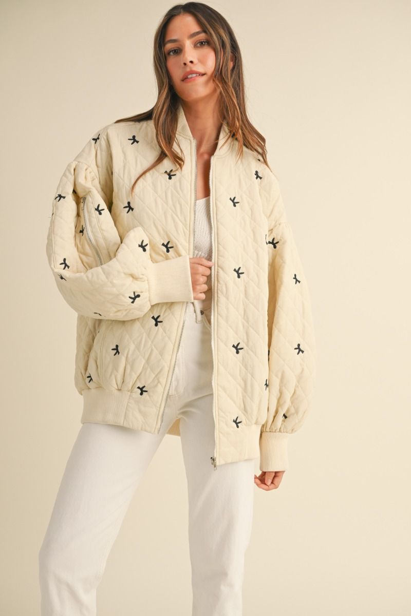 BOW PRINT QUILTED OVERSIZED BOMBER JACKET JACKET -   