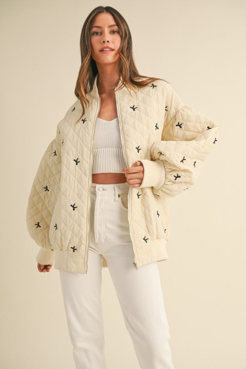 BOW PRINT QUILTED OVERSIZED BOMBER JACKET JACKET -   