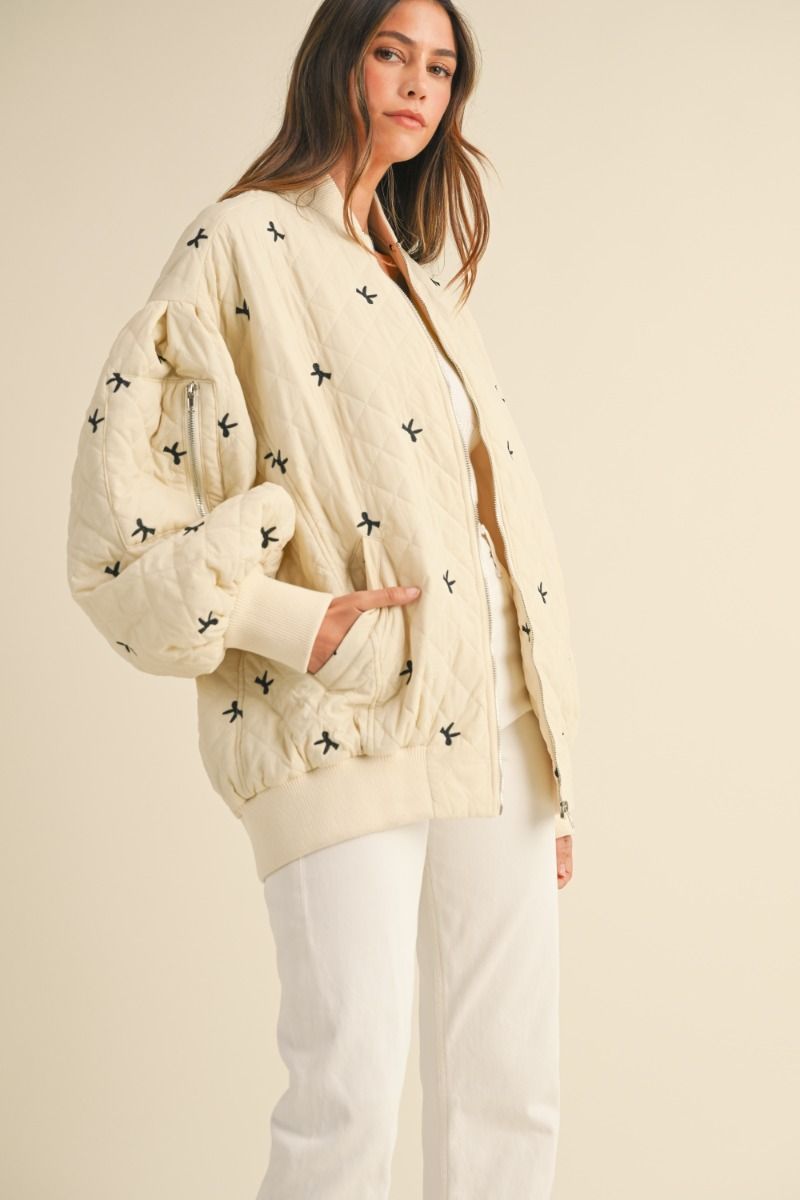 BOW PRINT QUILTED OVERSIZED BOMBER JACKET JACKET -   