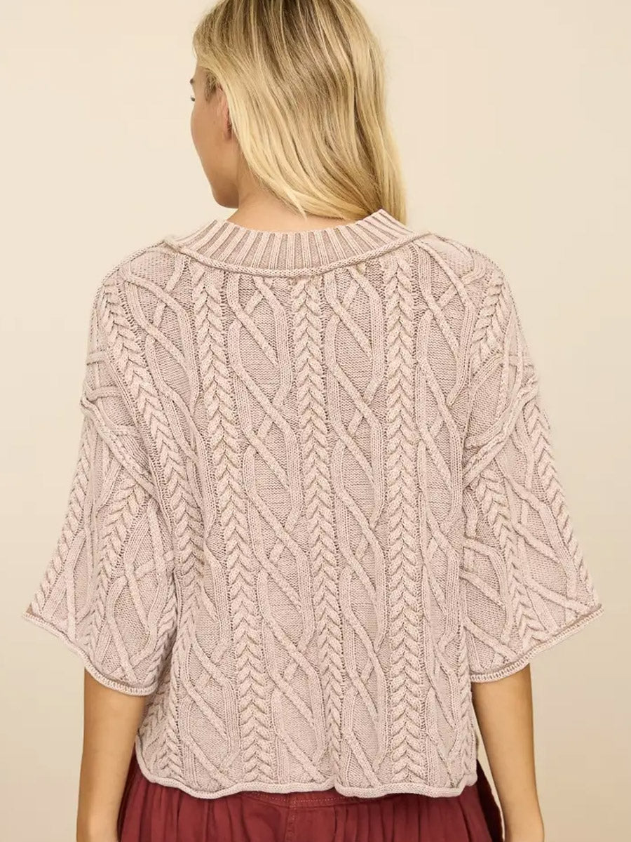CABLE KNIT OVERSIZED SHORT SLEEVED SWEATER - MOCHA