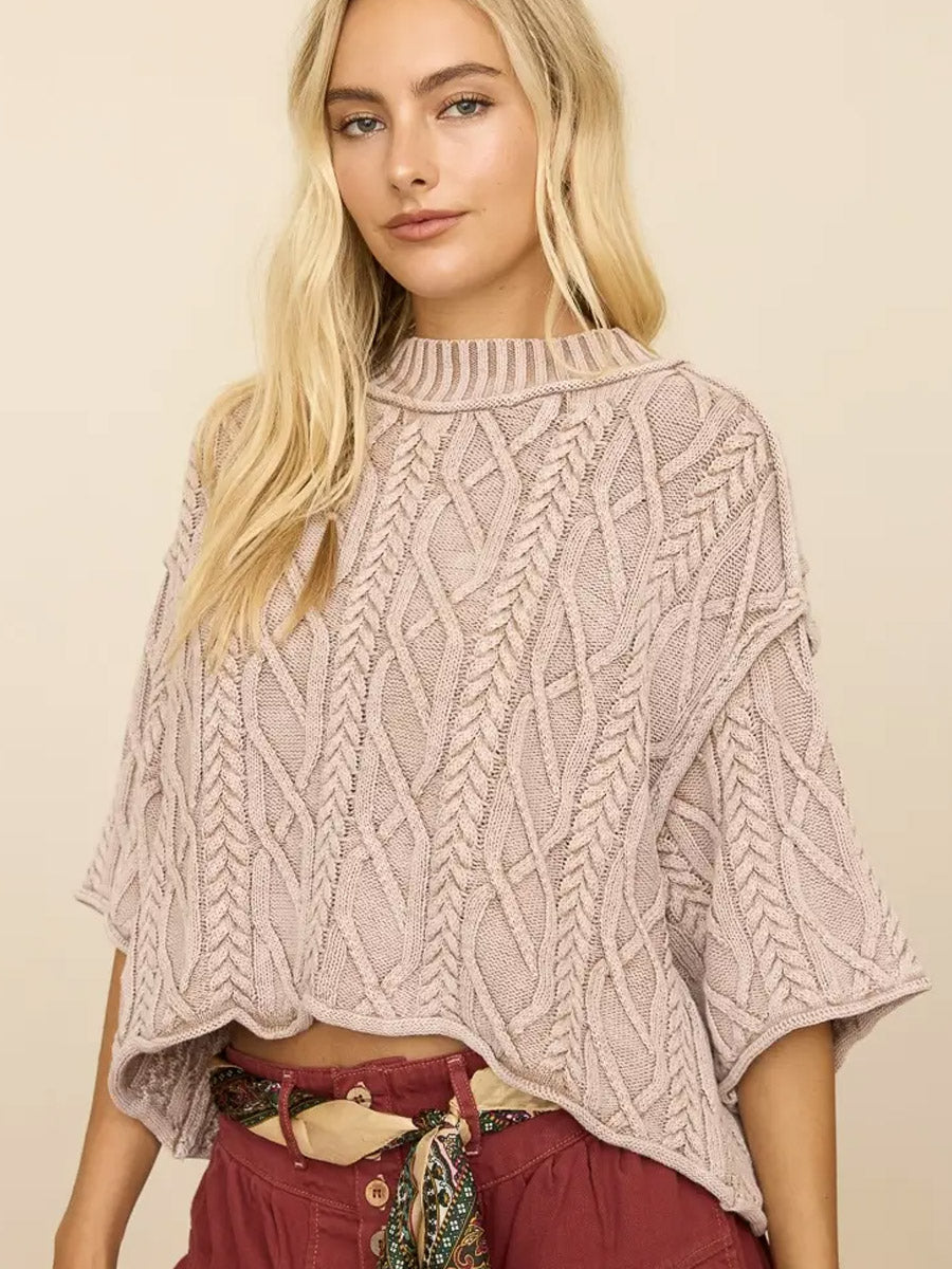 CABLE KNIT OVERSIZED SHORT SLEEVED SWEATER - MOCHA
