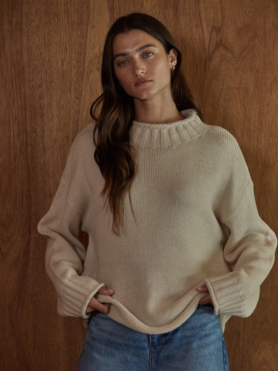 KNIT SWEATER COTTON MOCK NECK LONG-SLEEVE - TAN SWEATERS OAK CLOTHING CO.