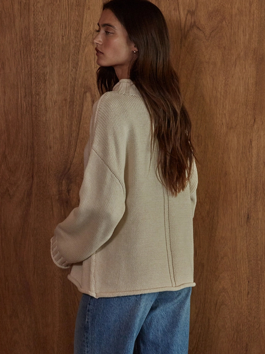 KNIT SWEATER COTTON MOCK NECK LONG-SLEEVE - TAN SWEATERS OAK CLOTHING CO.